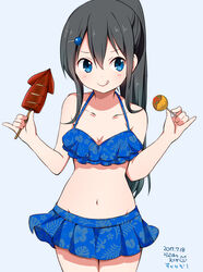  :q artist_name bare_arms bare_shoulders bikini bikini_skirt black_hair blue_background blue_bikini blue_eyes blush breasts cleavage collarbone commentary_request copyright_name cowboy_shot dated female floral_print food guitar_print hair_ornament hairclip hibiscus_print high_ponytail holding holding_food ikayaki long_hair medium_breasts navel original pinky_out ponytail print_bikini ragho_no_erika sidelocks simple_background solo squid sukurizo! swimsuit takoyaki tongue tongue_out tsubakiyama_sou v-shaped_eyebrows 