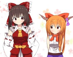  2girls absurdres akabeco blush bow brown_eyes brown_hair closed_mouth commentary_request cookie_(touhou) detached_sleeves hakurei_reimu highres horns ibuki_suika kanna_(cookie) long_hair looking_at_another multiple_girls orange_hair red_bow short_hair smile touhou yamin_(cookie) 