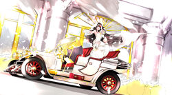  1boy azur_lane bare_shoulders black_hair blue_eyes bouquet breasts bride car carrying cheering choker commander_(azur_lane) commentary_request covered_eyes deutschland_(azur_lane) dress elbow_gloves female flower formal gloves gown long_hair manjuu_(azur_lane) md5_mismatch motor_vehicle multicolored_hair princess_carry red_hair resolution_mismatch source_larger strapless streaked_hair suit takeakigaku tuxedo vehicle_focus very_long_hair wedding wedding_dress white_dress white_gloves white_suit 