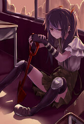  broken_glass broken_window commentary_request ebisuzawa_kurumi female fingerless_gloves gakkou_gurashi! glass gloves highres knee_pads long_hair megurigaoka_high_school_uniform purple_eyes purple_hair school_uniform shovel sitting skirt smile solo thighhighs twintails uusquid 