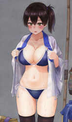  bikini bikini_under_clothes black_thighhighs blue_bikini blush bow_(weapon) breasts brown_eyes brown_hair collarbone commentary_request female kaga_(kancolle) kantai_collection large_breasts navel open_clothes open_shirt painting_(medium) parted_lips shijukara_(great_tit) side-tie_bikini_bottom side_ponytail skindentation solo sweat swimsuit thighhighs traditional_media undressing veins veiny_breasts watercolor_(medium) weapon 