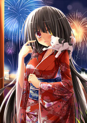  alternate_costume black_hair breasts commentary_request date_a_live feline female festival fireworks fish heterochromia highres japanese_clothes kimono long_hair md5_mismatch medium_breasts nanairo_fuusen open_mouth red_eyes red_kimono resolution_mismatch smile solo source_larger tokisaki_kurumi twintails yellow_eyes 