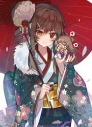  &gt;_&lt; 2girls ahoge bad_id bad_pixiv_id blue_kimono blush brown_hair chibi closed_mouth commentary_request floral_print flower fur_collar furisode girls&#039;_frontline hair_bun hair_flower hair_ornament hair_ribbon hairclip hakama hakama_skirt head_tilt heart heterochromia holding holding_umbrella japanese_clothes kanzashi kimono long_hair long_sleeves looking_at_viewer m1014_(girls&#039;_frontline) m1014_(snow_moon_and_flowers)_(girls&#039;_frontline) mid_(gameshe) multiple_girls obi oerba_yun_fang official_alternate_costume oil-paper_umbrella open_mouth print_kimono purple_hakama red_eyes red_kimono red_ribbon rfb_(girls&#039;_frontline) rfb_(new_year&#039;s_mvp)_(girls&#039;_frontline) ribbon sash sidelocks single_hair_bun skirt smile spoken_heart standing thick_eyebrows umbrella upper_body white_flower wide_sleeves yellow_eyes 