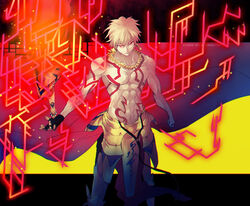  1boy abs ankai_(rappelzankai) armor blonde_hair collarbone commentary_request ea_(fate/stay_night) earrings fate/hollow_ataraxia fate_(series) gilgamesh_(fate) jewelry male_focus navel necklace red_eyes red_theme short_hair solo sword tattoo topless_male weapon yellow_theme 