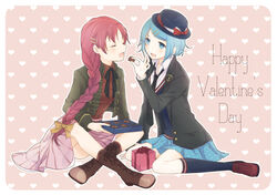  2girls atea bad_id bad_pixiv_id blazer blue_eyes blue_hair blush boots braid casual chocolate closed_eyes crest english_text feeding gift hair_ornament hairclip hat heart jacket long_hair mahou_shoujo_madoka_magica mahou_shoujo_madoka_magica_online miki_sayaka multiple_girls necktie open_mouth porkpie_hat sakura_kyoko short_hair sitting skirt thighhighs valentine yuri 