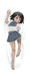  black_eyes black_hair dakimakura_(medium) ekra feet female full_body highres legs looking_back oerba_yun_fang open_mouth sayonara_zetsubou_sensei school_uniform sekiutsu_maria_tarou serafuku short_hair solo 