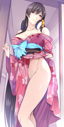  black_hair breasts cleavage clothes_lift female groin headphones headphones_around_neck huge_breasts intelli_village_no_zashiki-warashi japanese_clothes kimono kimono_lift long_legs mole mole_under_eye nanao_(mahaya) no_panties official_art red_eyes solo thighs zashiki-warashi_(intelli_village) 