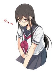  black_hair blush brown_hair commentary_request female glasses hair_between_eyes hand_on_own_arm long_hair looking_at_viewer official_art red_eyes sakuramachi_touko sasamori_tomoe school_uniform serafuku short_sleeves sidelocks simple_background skirt smile solo succubus_stayed_life translated tsurime white_background 