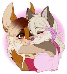  2015 amber_eyes anthro blonde_hair blush breasts brown_hair canid canine canis closed_eyes clothed clothing dated digital_media_(artwork) duo female fennec_fox fox hair hug mammal multicolored_hair pink_hair pollo-chan rin_wolf shirt simple_background smile topwear true_fox two_tone_hair wolf 