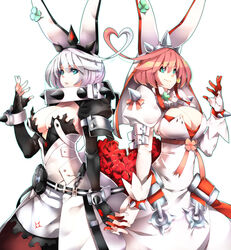  2girls alternate_color alternate_costume aqua_eyes back-to-back breasts cleavage collar commentary_request dress dual_persona elphelt_valentine fingerless_gloves flower gloves guilty_gear guilty_gear_xrd hat heart_ahoge_duo heart_hair_duo highres holding_hands interlocked_fingers juliet_sleeves large_breasts long_sleeves makai multiple_girls photoshop_(medium) pink_hair puffy_sleeves spiked_collar spikes spoilers white_background white_hair 