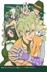  2boys all_along_the_watchtower_(stand) black_hair braid cannolo_murolo chocolate_sable commentary_request female green_hair hat jojo_no_kimyou_na_bouken multiple_boys pannacotta_fugo purple_haze_(stand) purple_haze_feedback sheila_e stand_(jojo) vento_aureo voodoo_child_(stand) 