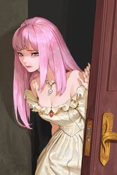  absurdres bare_shoulders blue_eyes breasts brooch cleavage commentary door dress english_commentary female highres jewelry long_hair looking_at_viewer necklace off-shoulder_dress off_shoulder ori_dal original pink_hair pink_lips solo upper_body very_long_hair white_dress 