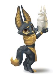  2016 anthro anubian_jackal anubis apron ass black_body black_fur bracelet canid canine canis canopic_jar clothing deity egyptian_mythology fur jackal jewelry looking_at_viewer looking_back male mammal middle_eastern_mythology mythology silverfox5213 simple_background solo white_background yellow_body yellow_eyes yellow_fur 