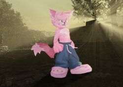  anthro big_tail black_nose bottomwear clothed clothing crocs domestic_cat fartman_(pleskoslez) felid feline felis footwear fur humanoid male mammal pants pink_body pink_fur pleskoslez shirtless shirtless_male solo tail 