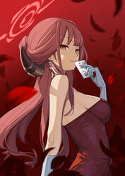  aru_(blue_archive) aru_(dress)_(blue_archive) blue_archive breasts card commentary_request demon_girl demon_horns dress earrings falling_petals female from_side gloves halo highres holding holding_card horns jewelry large_breasts looking_at_viewer official_alternate_costume petals red_background red_dress red_eyes red_hair red_halo red_petals red_theme simple_background solo strapless strapless_dress upper_body white_gloves yakupan 