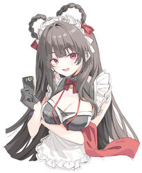  alternate_costume black_gloves breasts brown_hair cleavage cropped_torso dress female gloves goddess_of_victory:_nikke hair_intakes large_breasts long_hair looking_at_viewer maid maid_headdress open_mouth red_eyes simple_background smile solo upper_body white_background white_dress yan_(nikke) yatanukikey 