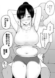  1boy arms_behind_head belly_grab breasts clothes_lift curvy dolphin_shorts female grabbing_another&#039;s_stomach greyscale hair_bun hand_on_another&#039;s_stomach highres large_breasts monochrome navel original plump shorts stomach translated yue_(show-ei) 