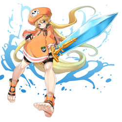  anchor_symbol bike_shorts black_gloves blonde_hair blue_eyes blush cabbie_hat charlotta_(granblue_fantasy) cosplay eiji_(eiji) feet female fingerless_gloves full_body gloves granblue_fantasy granblue_fantasy_versus granblue_fantasy_versus:_rising guilty_gear guilty_gear_strive harvin hat highres holding holding_sword holding_weapon jacket long_hair may_(guilty_gear) may_(guilty_gear)_(cosplay) orange_hat orange_jacket pointy_ears shorts simple_background skull_and_crossbones solo stirrup_footwear sword weapon white_background 