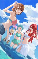  4girls aegis_(persona) android aqua_bikini aqua_hair armpits arms_behind_back arms_up bare_arms bare_shoulders bikini black-framed_eyewear blonde_hair blue_eyes blue_shorts blue_sky blush bow bowtie breasts brown_eyes brown_hair closed_mouth cloud cloudy_sky collarbone commentary_request denim denim_shorts earrings eyewear_on_head flower from_side front-tie_bikini_top front-tie_top hair_between_eyes hair_over_one_eye hair_over_shoulder halterneck hand_on_own_hip hand_up highres jewelry joints kirijou_mitsuru konchi_(63438789) large_breasts long_hair looking_at_viewer looking_to_the_side medium_breasts messy_hair midriff multiple_girls navel ocean official_alternate_costume open_mouth orange-tinted_eyewear outdoors persona persona_3 persona_3_reload pink_bikini red_bow red_bowtie red_eyes red_flower red_hair robot_joints short_hair short_shorts shorts sky smile standing stomach stud_earrings swimsuit tinted_eyewear wading water white_bikini yamagishi_fuuka yukari_takeba 