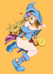  absurdres ass_grab bare_shoulders blonde_hair blue_footwear blue_hat blush blush_stickers boots breasts choker cleavage dark_magician_girl duel_monster female grabbing_own_ass green_eyes hair_between_eyes hat highres holding holding_wand large_breasts long_hair looking_at_viewer masini-mashini615 open_mouth smile solo staff wand wizard_hat yellow_background yu-gi-oh! 