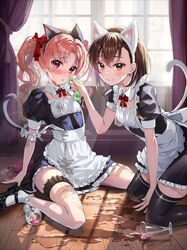  2girls absurdres alternate_costume animal_ears animal_print apron black_thighhighs blush bow bowtie brown_hair cat_tail clumsy commentary_request crossed_bangs cup curtains detached_collar embarrassed enmaided fake_animal_ears fake_tail frog_print gekota hair_behind_ear hair_between_eyes hair_ribbon highres holster kneeling long_hair looking_at_viewer maid maid_apron medium_hair misaka_mikoto multiple_girls needle puffy_short_sleeves puffy_sleeves red_bow red_bowtie red_ribbon ribbon shirai_kuroko short_sleeves sitting spill tail thigh_holster thighhighs throwing_needles toaru_kagaku_no_railgun toaru_majutsu_no_index twintails wariza white_apron window yonabe 