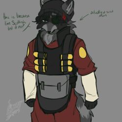  1:1 absurd_res annoyed anthro bandolier beanie black_hair bottomwear cerberussenn clothing cosplay cross-popping_vein demoman_(team_fortress_2) english_text eye_patch eyewear fur green_eyes grey_body grey_fur hair hat headgear headwear hi_res holland_mcintyre_(cerberussenn) humor male mammal markings pants procyonid raccoon red_clothing solo striped_markings striped_tail stripes tail tail_markings team_fortress_2 text valve 