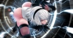  2b_(nier:automata) ass black_sleeves black_thighhighs commentary_request derivative_work electricity female granblue_fantasy granblue_fantasy_versus:_rising hairband highres kinakomochi_(user_vedc2333) leotard nier:automata nier_(series) screenshot_redraw short_hair solo thighhighs thighs white_hair white_leotard 