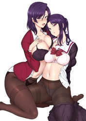  2girls aiue_oka asymmetrical_docking black_bra black_panties blush bra breast_press breasts buruma commentary_request full_body hand_on_own_chest highres himemiya_suzuka himemiya_tsukino kneeling large_breasts long_hair looking_at_viewer mature_female medium_hair mother_and_daughter multiple_girls navel open_clothes open_mouth open_shirt panties panties_under_buruma panties_under_pantyhose pantyhose pink_bra purple_eyes purple_hair saimin_gakushuu school_uniform skirt skirt_around_one_leg smile spread_legs stomach teacher underwear white_background white_panties 