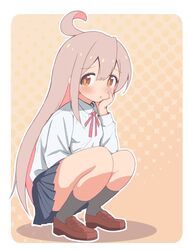  ahoge bare_legs black_skirt blush border brown_eyes brown_footwear commentary female full_body grey_socks hair_between_eyes hand_on_own_cheek hand_on_own_face head_rest highres loafers long_hair long_sleeves looking_at_viewer neck_ribbon onii-chan_wa_oshimai! open_mouth outline outside_border oyama_mahiro pink_hair pleated_skirt red_ribbon ribbon shirt shoes simple_background skirt socks solo squatting unkimo white_border white_outline white_shirt wing_collar 