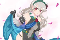  blue_cape cape commentary_request corrin_(female)_(fire_emblem) corrin_(female)_(resplendent)_(fire_emblem) corrin_(fire_emblem) female fire_emblem fire_emblem_fates fire_emblem_heroes flower hairband highres ikonaska long_hair official_alternate_costume pointy_ears red_eyes red_flower red_rose rose solo white_hair 