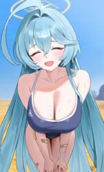  absurdres abydos_high_school_swimsuit ahoge bandaid bandaid_on_arm bandaid_on_leg bare_arms bare_legs bare_shoulders bby black_one-piece_swimsuit blue_archive blush breasts cleavage closed_eyes collarbone commentary cowboy_shot day desert facing_viewer female green_hair halo highres huge_ahoge huge_breasts long_hair one-piece_swimsuit open_mouth outdoors school_swimsuit smile solo swimsuit too_many_bandaids yellow_halo yume_(blue_archive) 