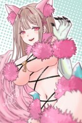  alternate_color animal_ear_fluff animal_ears bikini blush breasts claw_pose commentary_request cosplay female fur_bikini fur_collar fur_trim gloves goddess_of_victory:_nikke hair_ornament hand_up highres horns i_(kotombre_0370) large_breasts looking_at_viewer mash_kyrielight mash_kyrielight_(dangerous_beast) mash_kyrielight_(dangerous_beast)_(cosplay) mole mole_under_eye navel o-ring o-ring_top open_mouth pink_bikini pink_eyes pink_horns pink_wrist_cuffs polka_dot polka_dot_background revealing_clothes smile solo stomach swimsuit teeth upper_body upper_teeth_only viper_(nikke) white_gloves wolf_ears wrist_cuffs 