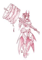  alternate_costume armor cosplay effie_(fire_emblem) female fire_emblem fire_emblem_fates food full_body ham highres holding holding_polearm holding_skewer holding_weapon monochrome monster_hunter_(series) navel pechan polearm skewer solo tetsucabra_(armor) weapon 