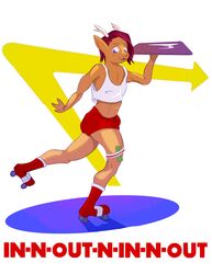  absurd_res anthro bottomwear clothing deer fast_food femboy food hair hi_res horn hotpants male mammal money_in_legwear piecrow purple_hair quad_skates roller_skates shorts solo tusk_(bleats) uniform 