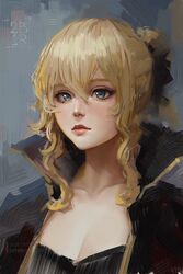  absurdres artist_name black_jacket blonde_hair blue_background blush breasts cleavage collarbone expressionless faux_traditional_media female genshin_impact hair_between_eyes highres jacket jean_(genshin_impact) looking_at_viewer medium_breasts nose painterly portrait ravine_bells rebelle_(medium) solo 