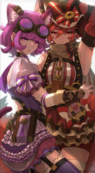  2girls absurdres adapted_costume alternate_costume alternate_hair_length alternate_hairstyle animal_ears artist_name bike_shorts bike_shorts_under_skirt border bow cat_ears cat_tail chocolate commentary_request cure_chocolat cure_macaron dededeteiu dog_ears dog_tail dress earrings eyelashes frilled_dress frilled_skirt frills goggles goggles_on_head highres jewelry kenjou_akira kirakira_precure_a_la_mode kotozume_yukari looking_at_viewer magical_girl multiple_girls precure purple_dress purple_eyes purple_hair purple_tail purple_thighhighs red_eyes red_hair red_skirt red_tail ribbon short_hair shorts shorts_under_skirt signature skirt standing steampunk tail thighhighs thighs twitter_username 