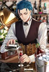  1boy alcohol blue_hair bow bowtie closed_eyes collared_shirt cup dress_shirt drinking_glass fate/grand_order fate_(series) formal highres male_focus phonograph pouring sherlock_holmes_(fate) shirt smile solo upper_body vest white_shirt wine_glass yaoshi_jun 