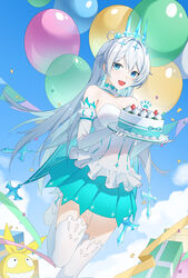  :d absurdres balloon bare_shoulders birthday birthday_cake blue_eyes blue_sky breasts cake chinese_commentary cleavage cloud cloudy_sky commentary_request commission confetti crown dress earrings elbow_gloves female food gift gloves hair_between_eyes hair_ornament highres holding holding_plate homu_(honkai_impact) honkai_(series) honkai_impact_3rd jewelry kiana_kaslana kiana_kaslana_(divine_prayer) long_hair looking_at_viewer open_mouth outdoors pixiv_commission plate skirt sky smile solo sye- teeth thighhighs white_footwear white_gloves white_hair white_thighhighs 