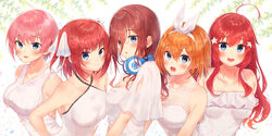  &gt;:) 5girls :d ahoge bare_shoulders blue_eyes blush breasts brown_hair butterfly_hair_ornament cleavage collarbone commentary_request criss-cross_halter dress frilled_dress frills go-toubun_no_hanayome gyozanuko hair_ornament hair_over_one_eye hair_ribbon halter_dress halterneck headphones headphones_around_neck highres large_breasts long_hair medium_breasts multiple_girls nakano_ichika nakano_itsuki nakano_miku nakano_nino nakano_yotsuba open_mouth orange_hair pink_hair quintuplets red_hair ribbon short_hair short_sleeves siblings sisters sleeveless sleeveless_dress smile star_(symbol) star_hair_ornament two_side_up upper_body v-shaped_eyebrows white_dress white_ribbon 