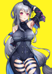  absurdres arknights arm_behind_back arm_up armpits bad_id bad_pixiv_id bare_shoulders black_gloves black_neckwear black_pants blush breasts clothing_cutout cowboy_shot detached_sleeves female gloves grey_hair highres large_breasts leggings long_hair looking_at_viewer low-tied_long_hair no_headwear pants parted_lips pink_eyes shao_(shaorouhong) simple_background skadi_(arknights) skadi_(elite_ii)_(arknights) skindentation solo standing thigh_cutout thighs very_long_hair yellow_background 