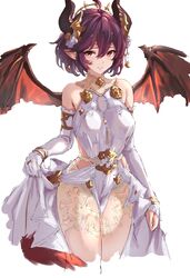  absurdres ahoge asymmetrical_gloves bare_shoulders blush breasts brown_wings cowboy_shot cropped_legs dragon_girl dragon_horns dragon_wings dress elbow_gloves female gloves granblue_fantasy grea_(shingeki_no_bahamut) hair_ornament highres horns jewelry large_breasts looking_at_viewer mawile829 pelvic_curtain pointy_ears purple_hair red_eyes ring shingeki_no_bahamut short_hair skirt_hold sleeveless sleeveless_dress solo standing thighs white_background wings 