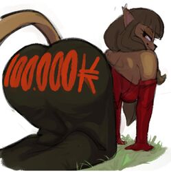  2020 all_fours ankama anthro ass big_butt bottomwear brown_body brown_fur brown_hair butt_focus clothing dbaru dofus ecaflip felid feline female fur hair looking_back mammal miranda_(wakfu) pose rear_view seductive solo text text_on_bottomwear text_on_clothing wakfu 