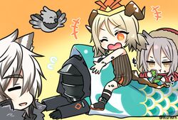  +++ 2boys 2girls animal arknights bad_id bad_pixiv_id bird black_gloves black_jacket brown_eyes brown_hair chibi commentary_request curled_horns doctor_(arknights) eating flying_sweatdrops food fur-trimmed_hood fur_trim gloves grey_hair hair_between_eyes holding holding_food hood hood_up hooded_jacket horns ifrit_(arknights) jacket kashiwa_mochi_(food) kodomo_no_hi koinobori leaf long_sleeves low_twintails mashiro_miru material_growth multicolored_hair multiple_boys multiple_girls oak_leaf one_eye_closed open_mouth orange_eyes orange_headwear oripathy_lesion_(arknights) outstretched_arms paper_hat paper_kabuto projekt_red_(arknights) red_jacket riding silverash_(arknights) sitting sitting_on_person sleeves_past_wrists tail tenzin_(arknights) twintails two-tone_hair wavy_mouth white_hair windsock 