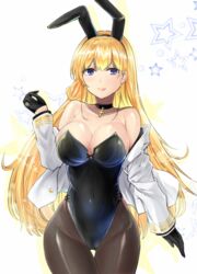  animal_ears ass_visible_through_thighs azur_lane azur_lane:_slow_ahead bare_shoulders black_choker black_gloves black_hairband black_pantyhose blonde_hair breasts choker cleavage collarbone commentary covered_navel cowboy_shot cross cross_choker fake_animal_ears female gloves hairband half_gloves hand_up jacket large_breasts long_hair long_sleeves looking_at_viewer north_carolina_(azur_lane) off_shoulder pantyhose playboy_bunny purple_eyes rabbit_ears simple_background smile solo star_(symbol) thigh_gap very_long_hair white_background white_jacket y2 