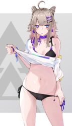  aa-12_(girls&#039;_frontline) aa-12_(smokeless_lollipop)_(girls&#039;_frontline) ahoge bags_under_eyes bikini bikini_tug bikini_under_clothes black_bikini blonde_hair blue_eyes blush breasts candy choker clothes_lift collarbone cone_hair_bun contrapposto earrings expressionless female fluegel_(kaleido_scope-710) food girls&#039;_frontline grey_background hair_bun highres jewelry lifting_own_clothes lollipop medium_breasts navel off_shoulder shirt_lift side-tie_bikini_bottom solo star_(symbol) star_earrings swimsuit 