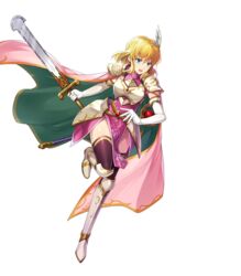  armor black_thighhighs blonde_hair blue_eyes breastplate cape chachie dress elbow_gloves female fire_emblem fire_emblem:_thracia_776 fire_emblem_heroes full_body gloves greaves highres holding holding_sword holding_weapon lands_sword nanna_(fire_emblem) non-web_source official_art open_mouth pauldrons pink_cape pink_dress short_hair shoulder_armor solo sword thighhighs transparent_background weapon white_gloves wing_hair_ornament 