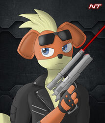  anthro biped blaze_ignatius blonde_hair blue_eyes canid canine clothed clothing countershade_face countershading digital_media_(artwork) eyewear eyewear_on_head fingerless_gloves front_view fully_clothed fur generation_1_pokemon gloves growlithe gun hair half-length_portrait handgun handwear head_tuft hi_res holding_gun holding_object holding_ranged_weapon holding_weapon jacket laser_pointer leather leather_clothing leather_jacket leather_topwear looking_away male mammal ninjatreecko nintendo orange_body orange_fur pistol pokemon pokemon_(species) pokemorph portrait ranged_weapon serious_face solo sunglasses sunglasses_on_head tan_body tan_fur terminator_(franchise) topwear tuft weapon 