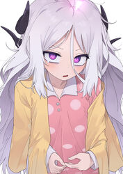  bags_under_eyes blue_archive female highres hina_(blue_archive) hina_(pajamas)_(blue_archive) horns korean_commentary long_hair looking_at_viewer nakta pajamas purple_eyes purple_hair simple_background slit_pupils solo tears very_long_hair white_background 