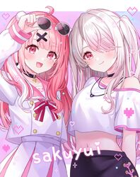  2girls absurdres ahoge black_choker choker crop_top earrings hair_ornament hair_over_one_eye highres jewelry long_hair multiple_girls necklace nijisanji pink_eyes pink_hair pink_sailor_collar ponigiri12 sailor_collar sasaki_saku sasaki_saku_(6th_costume) school_uniform serafuku shiina_yuika shiina_yuika_(10th_costume) shirt sunglasses two_side_up virtual_youtuber white_serafuku white_shirt x_hair_ornament 