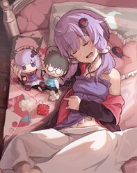  blanket character_doll closed_eyes commentary drooling fabric female head_on_pillow highres lying mouth_drool needle on_back open_mouth pillow pincushion purple_hair sewing_needle sewing_pin sleeping solo stuffed_toy stuffing sunlight thread under_covers vocaloid voiceroid yasuhara_roku yuzuki_yukari 